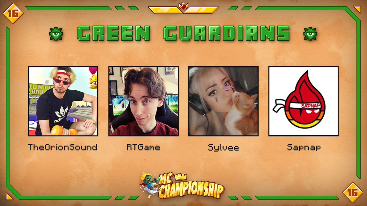 👑 Announcing team Green Guardians 👑

@TheOrionSound @RTGameCrowd @sylveemhm @sapnap

Watch them in MCC on Saturday August 28th at 8pm BST!