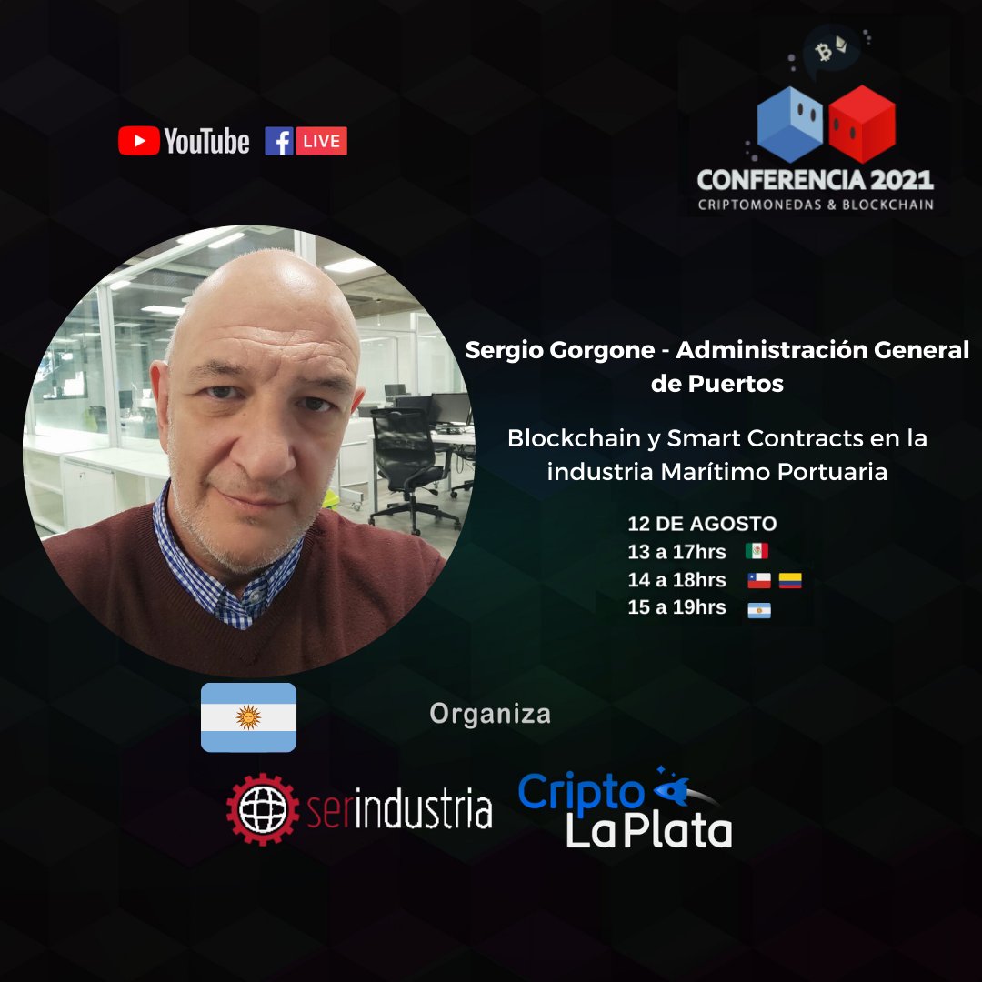#criptoconferencia <a href="/SergioGorgone/">Sergio Gorgone</a> de la Administración General de Puertos de Argentina  y hablará sobre "Blockchain y Smart Contracts en la industria Marítimo Portuaria"

SPONSORS: OKEx.com y defiantapp.tech

📆Inscripción gratuita:  eventbrite.com.ar/e/conferencia-…