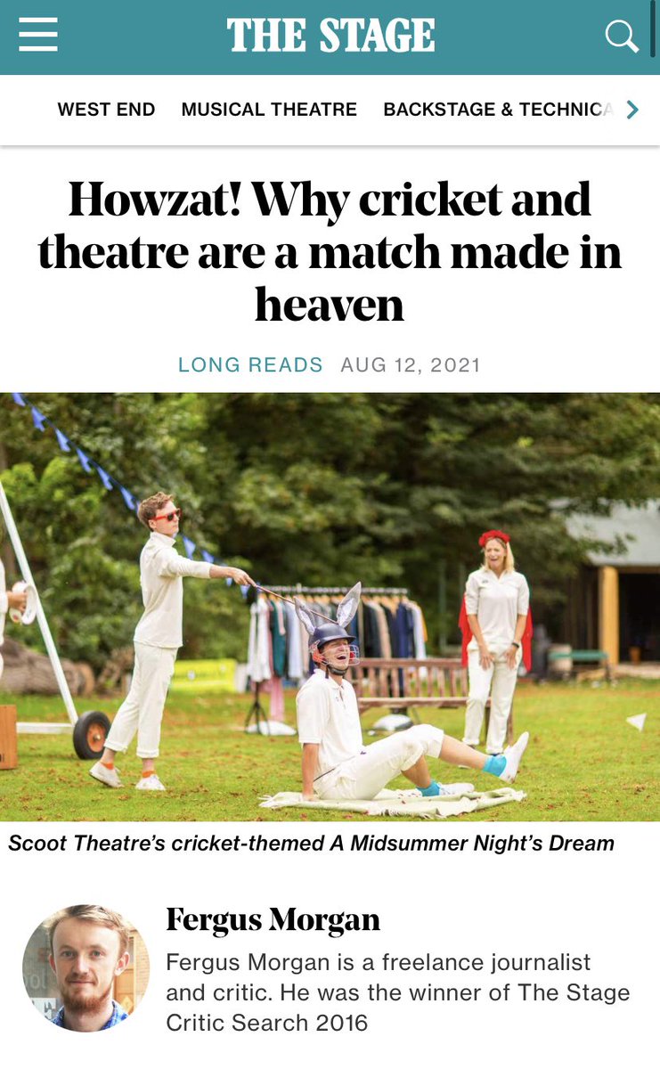 ScootTheatre's tweet photo. There is an excellent article in @TheStage today all about the long and interesting relationship between theatre and cricket in which we get a lovely mention, along with the brilliant @Riverhousebarn and @eshercc who were instrumental in us setting out last year! https://t.co/pLn3bmm4yU