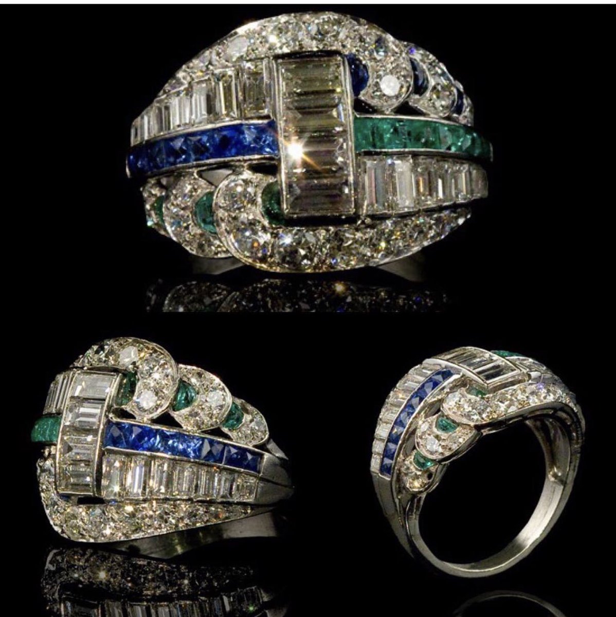MarcosMatosFig1's tweet photo. A beautiful Art Deco period ring set with south african diamonds, Kashmir sapphires and colombian emeralds in a rare design formed of feather plumes. Mounted in platinum. Maison Boucheron Paris 1920s. #cecilcourt #artdeco #artdecointerior #artdecoring #emerald #diamonds https://t.co/TUQVi17Y8T