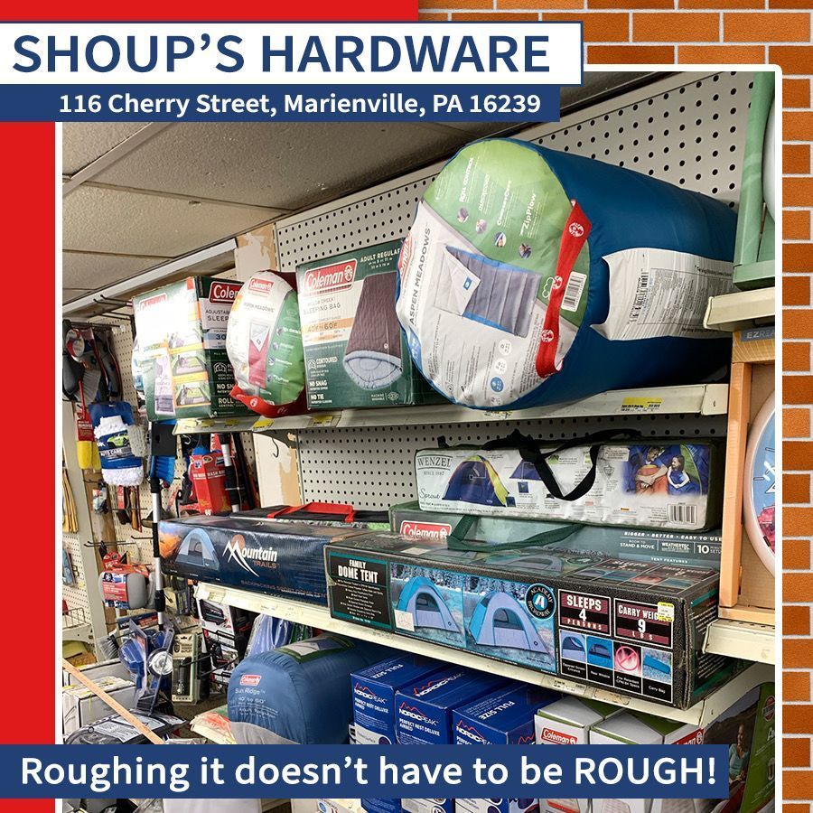 HardwareShoup's tweet photo. Be prepared for your next camping trip!
Shoup's Hardware is located at 116 Cherry Street, Marienville, PA, or give us a call- (814) 927-6683. 
#hardwarestore #marienvillePA #forestcounty #camping #campingessentials #campingtrip #camplife #getoutside https://t.co/4Ucv7qaIhG