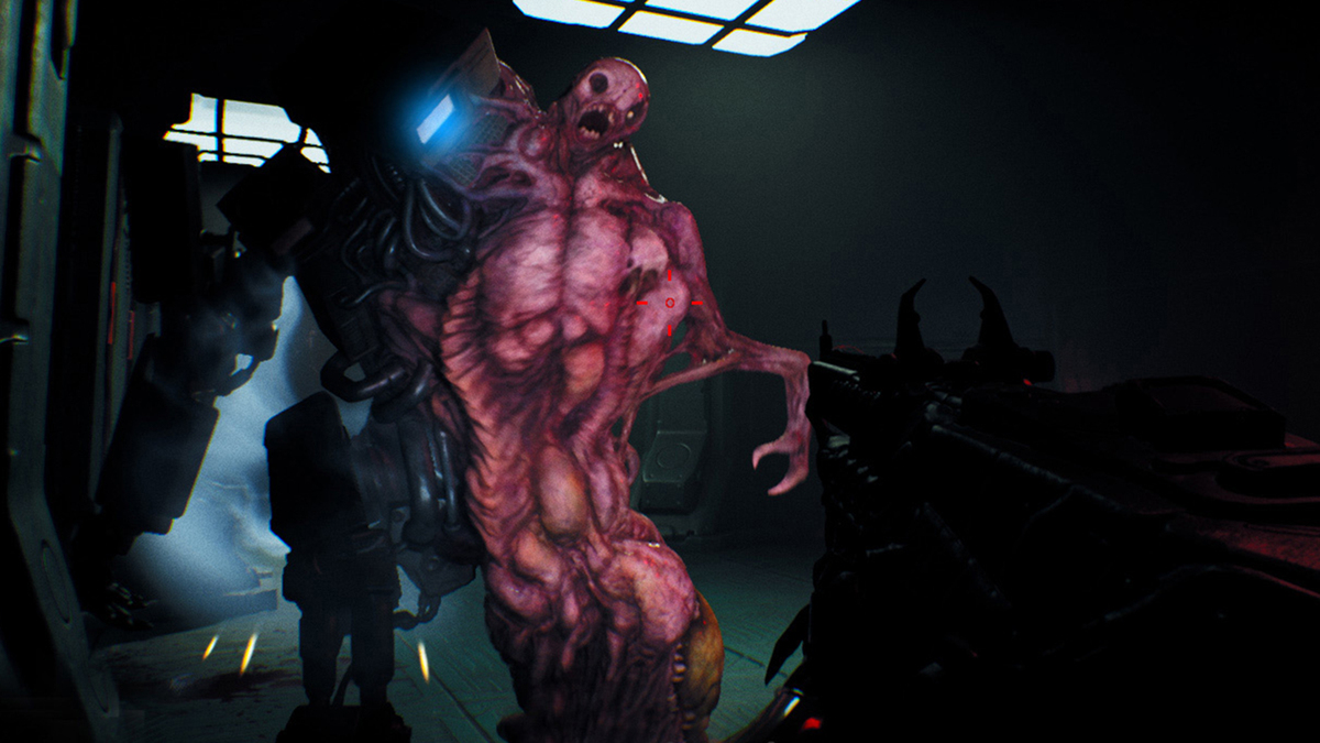 IGN's tweet photo. Ripout is a first-person horror shooter in which humans are pursued through space by an ever-adapting and evolving enemy. Check out the new gameplay trailer that shows off the 'petgun': https://t.co/11qm6XXGN8 https://t.co/P5q2UIZN54