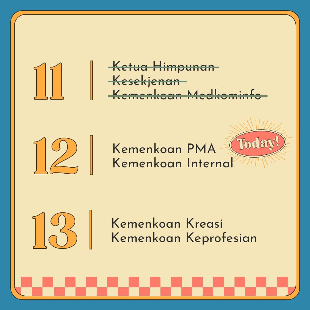 👨‍💼Musyawarah Kerja D-2👩‍💼

Persiapkan diri dan rasa ingin tahumu karena hari ini Kemenkoan PMA dan Internal akan memaparkan fungsi dan program kerja mereka selama satu periode kedepan.

Tanggal : 12 Agustus 2021
Jam : 20.00–22.00
Zoom

#BPBersatu
#BersamaSatukanHME