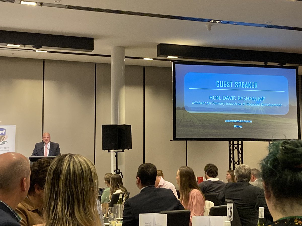 Minister for Primary Industries &amp; Regional Development, the Hon. <a href="/David_Basham_MP/">David Basham MP</a> discussing the changes in the ag sector over time and how the jobs of the future will need people like the young ag grads in the room #growingthefuture21 #GTF21