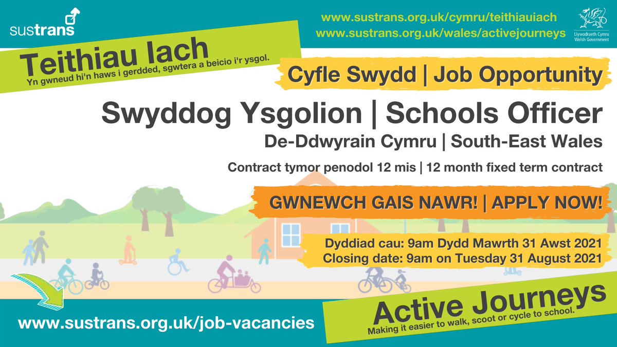 AJ_SEWales's tweet photo. JOB OPPORTUNITY: Fantastic opportunity as @AJ_SEWales Officer for @SustransCymru delivering @Active_Journeys programme to make it easier to walk, scoot or cycle to school! 🚲🚶‍♀️🛴 Please share! 👍 More info: https://t.co/Ox8bEl1kWl https://t.co/vR7jQ9GTKC