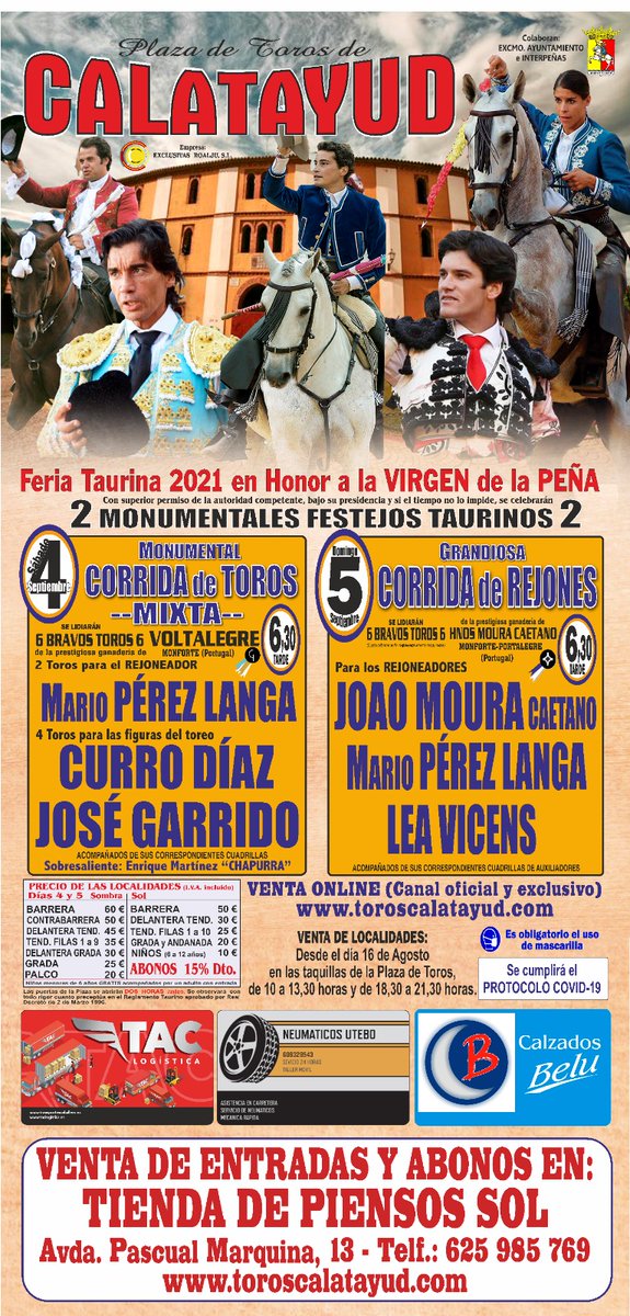 PUNTOS DE VENTA DE ENTRADAS Y ABONOS!! Online: toroscalatayud.com y tienda de piensos Sol: Avda Pascual Marquina 13.
#MarioPerezLanga #PerezLangaEnEstadoPuro #MPL #Septiembre #Calatayud