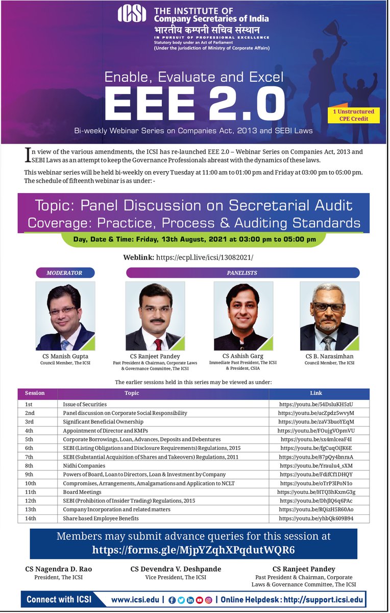 icsi_cs's tweet photo. #ICSI #EEE 2.0: Webinar on Panel Discussion on #SecretarialAudit on 13th August, 2021. Members may submit advance queries for this session at https://t.co/VuFjjnyiu8 https://t.co/Un1OZBJiUR