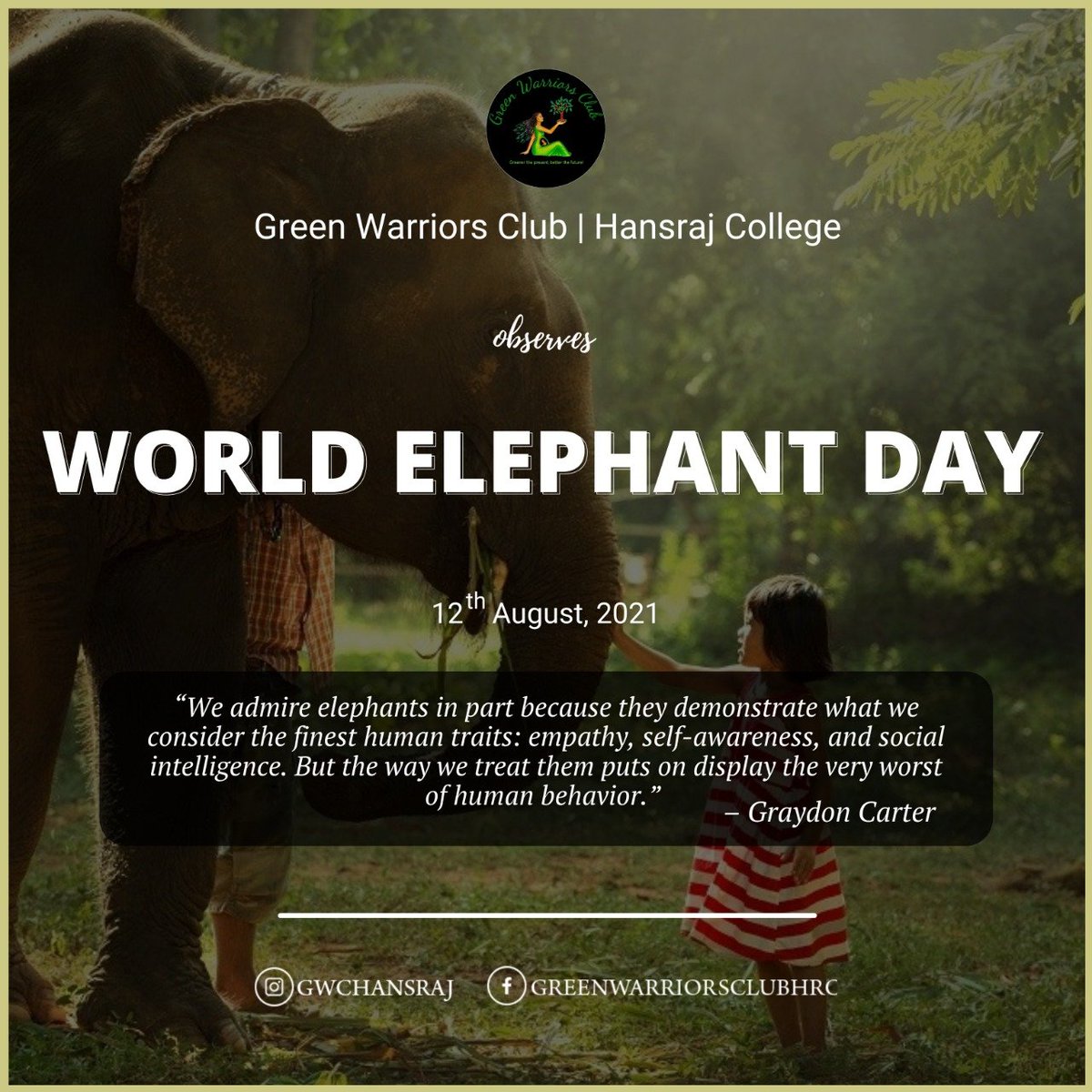 GreenHrc's tweet photo. Greetings from Green Warriors Club, Hansraj College 🌸

Nature's greatest masterpiece, an elephant; the only harmless great thing. 
                ~John Donne

World Elephant Day was created to raise awareness and create change to save these elephants.🍃 https://t.co/AFwFWa7dTq