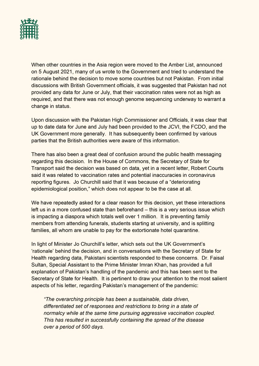 YasminQureshiMP's tweet photo. UPDATE - Pakistan's red list status 🇵🇰

As many will know a key focus for myself and other MPs recently has been Pakistan's travel status

Please see our latest letter, co-signed by @Rehman_Chishti, which summarises our recent work and queries the Govt's decision making process https://t.co/SWtnXxvRc0
