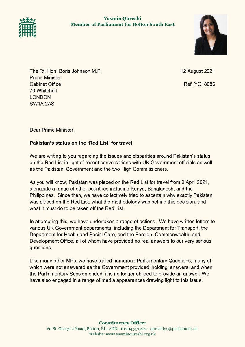 YasminQureshiMP's tweet photo. UPDATE - Pakistan's red list status 🇵🇰

As many will know a key focus for myself and other MPs recently has been Pakistan's travel status

Please see our latest letter, co-signed by @Rehman_Chishti, which summarises our recent work and queries the Govt's decision making process https://t.co/SWtnXxvRc0