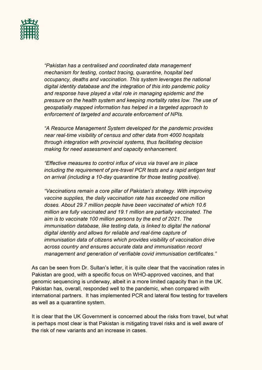 YasminQureshiMP's tweet photo. UPDATE - Pakistan's red list status 🇵🇰

As many will know a key focus for myself and other MPs recently has been Pakistan's travel status

Please see our latest letter, co-signed by @Rehman_Chishti, which summarises our recent work and queries the Govt's decision making process https://t.co/SWtnXxvRc0