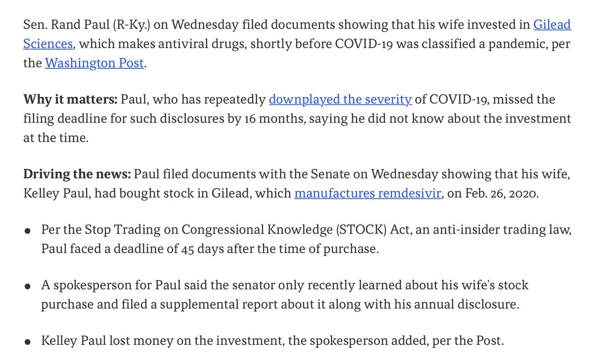 girlsreallyrule's tweet photo. Rand Paul just revealed that his wife bought stock in Gilead Sciences - maker COVID antiviral drug Remdesivir - and did not disclose the purchase until 16 months after the 45-day reporting deadline.
Somewhere Martha Stewart is punching something. https://t.co/3yDxhGi2r2 https://t.co/MTNzEvZNJk