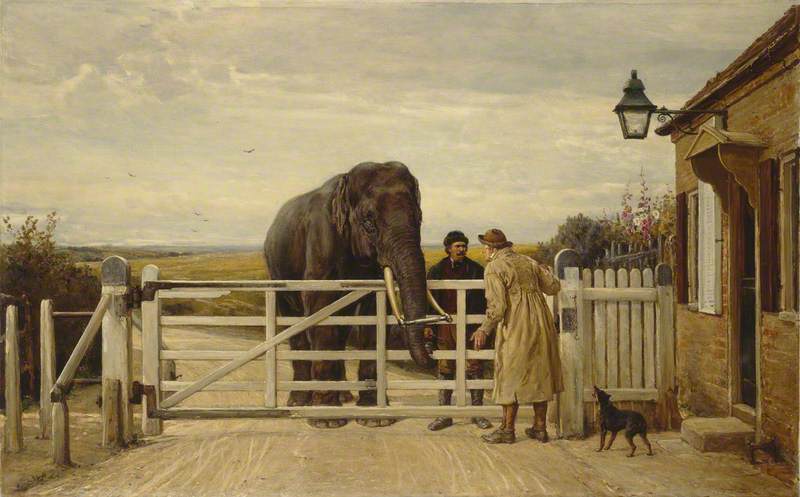WhitworthArt's tweet photo. For the #OnlineArtExchange today we’d like to share The Disputed Toll by Heywood Hardy. This painting of probably the most famous #Elephant to reside in Manchester is kept @McrArtGallery &amp; Maharajah’s skeleton is kept @mcrmuseum. Image © Manchester Art Gallery #WorldElephantDay🐘 https://t.co/ts38IgOkxz