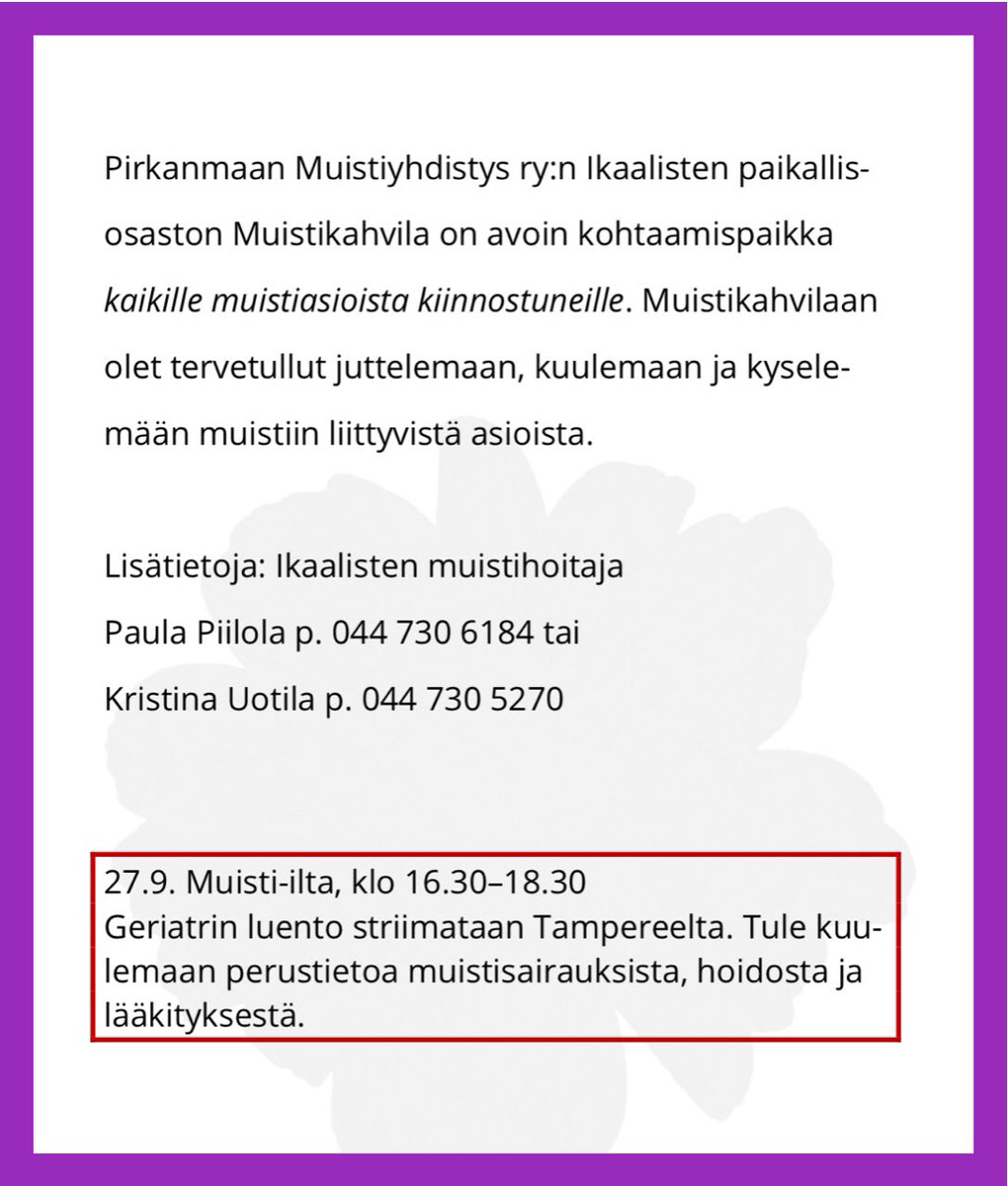 IkaalinenM's tweet photo. Hieman uutta #Muistikahvila aloittaa #Tevaniemi #ItäIkaalinen 
Myös tulossa: 
#geriatri luento mahdollista saada #kotisohva llekin 📚💡#ensitieto https://t.co/8mA3JaUQut