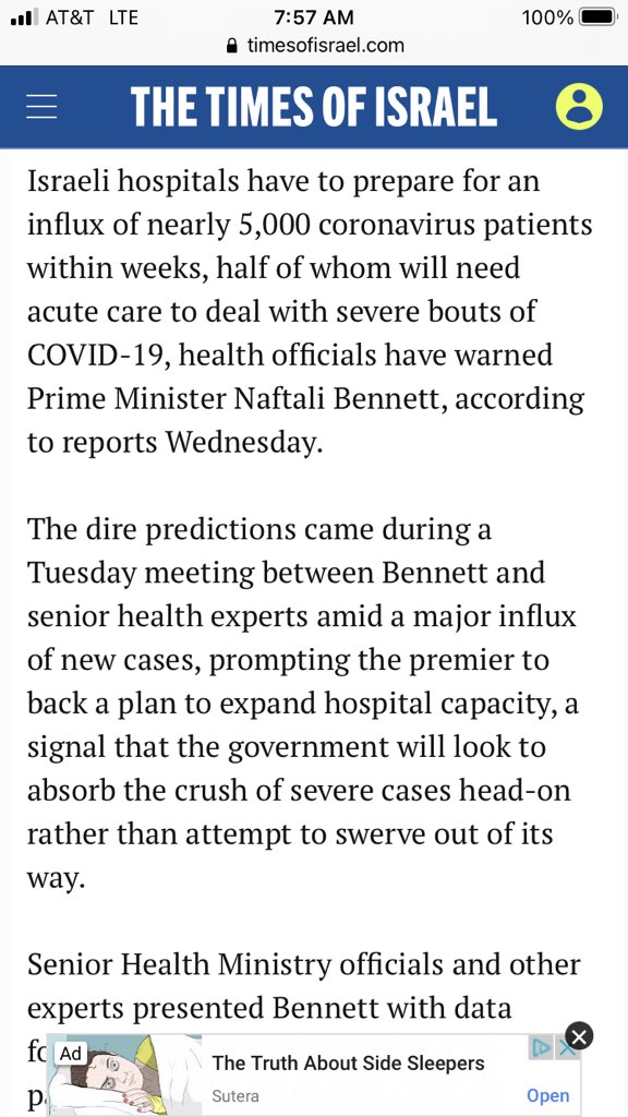 AlexBerenson's tweet photo. Incredible article.

Israel, with a nearly entirely vaccinated adult population, now expects this coronavirus wave to be the worst yet - up to 2,500 serious cases compared to 1,200 in January.

Note: the article doesn’t mention vaccines once. It’s like they never even happened. https://t.co/qgyJqo9bzt