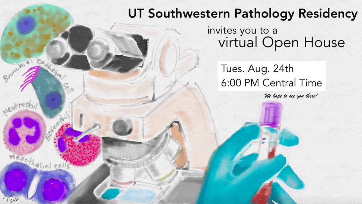 JennyWeon's tweet photo. Join UTSW pathology residency's virtual open house on Aug 24th from 6-7 PM Central Time to learn about our program and chat with current residents! Register here by the 19th: https://t.co/Hhaz4N713T #Pathmatch #Path2path #PathTwitter #Pathology #MedStudentTwitter #Match2022 https://t.co/KsUNArS2hn