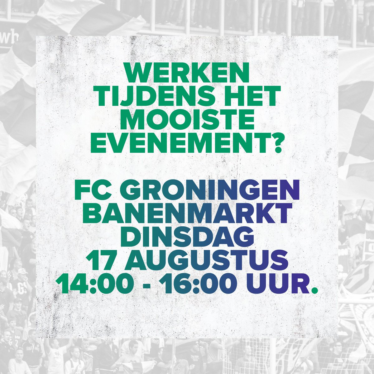 fcgroningen's tweet photo. Op zoek naar een unieke bijbaan op wedstrijddagen bij FC Groningen? 

📆 De club organiseert op dinsdag 17 augustus van 14.00 tot 16.00 uur de FC Groningen Banenmarkt in Euroborg. 

Kom langs en ontdek de mogelijkheden!

➡ https://t.co/T7bDYTtjWR

#samennaardegrotemarkt https://t.co/4TJgh0jE6Y