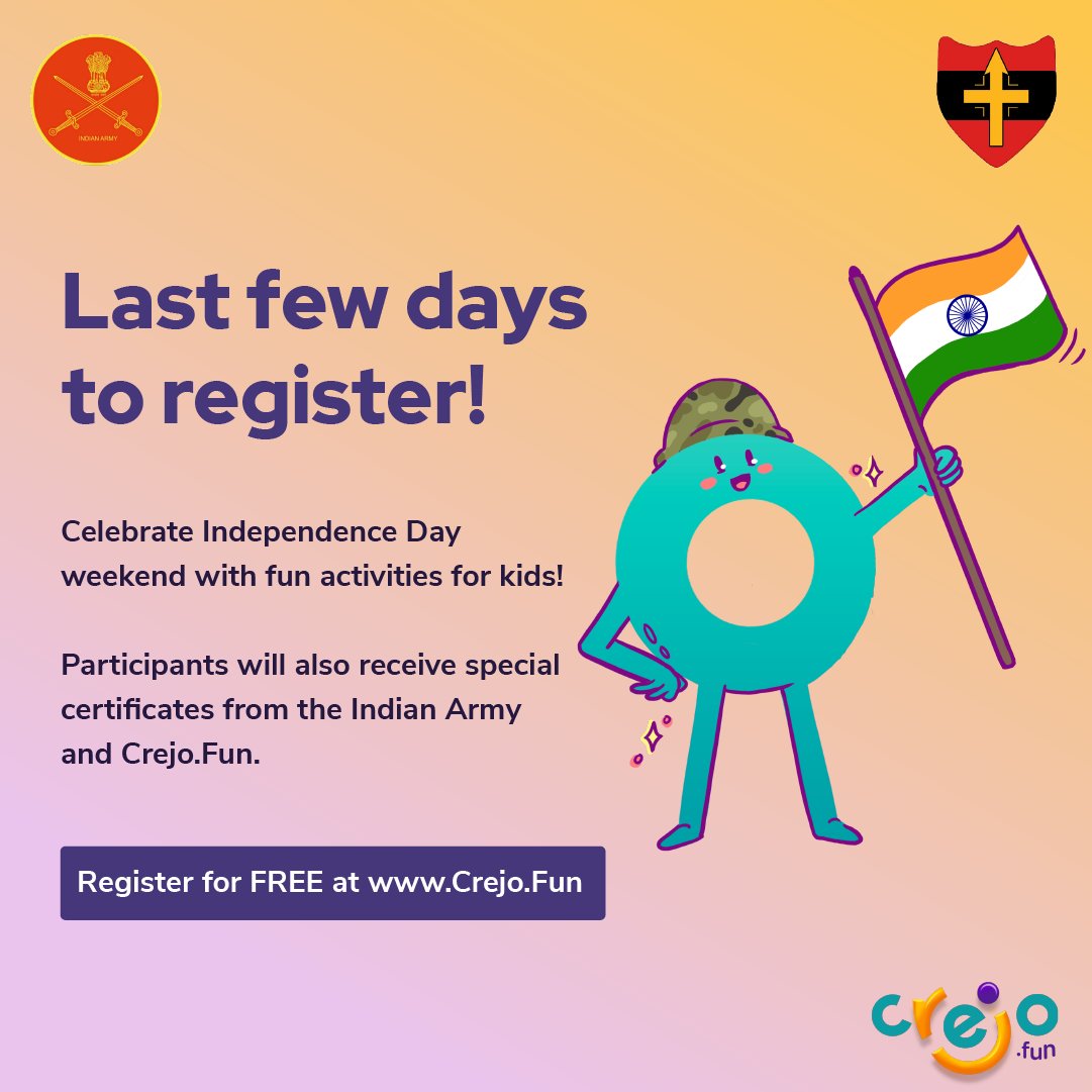 Crejo_Fun's tweet photo. The Indian Army and @Crejo.Fun bring to you an exciting weekend filled with fun activities in art, dance and yoga! 

ADGPI - Indian Army @indianarmy.adgpi @northerncomd_ia Northern Command - Indian Army

#IndependenceDay #Indianarmy #northerncommand  #CrejoFun https://t.co/4rn75M2iXX