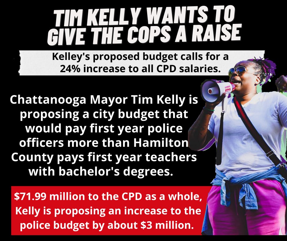 CCJStreetTeam's tweet photo. There isn’t anything “innovative” about increasing the police budget &amp; cop salaries in Chattanooga. The city has spent $717 million of our tax dollars on the CPD over the last ten years, &amp; it hasn’t made Chattanooga any safer. City Council will hold a public input session on 8/31 https://t.co/YrmS118wHp