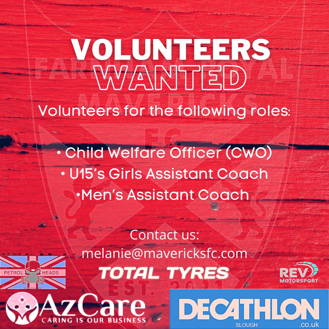 FRMavericksFC's tweet photo. 🚨WANTED🚨

Volunteers wanted to support a family run club for the 2021/22 season and beyond.

• Club CWO
• U15’s Girls Ass. Coach
• Men’s ASA. Coach

Interested?
Contact melanie@mavericksfc.com for more details. https://t.co/6HDuSgYESE