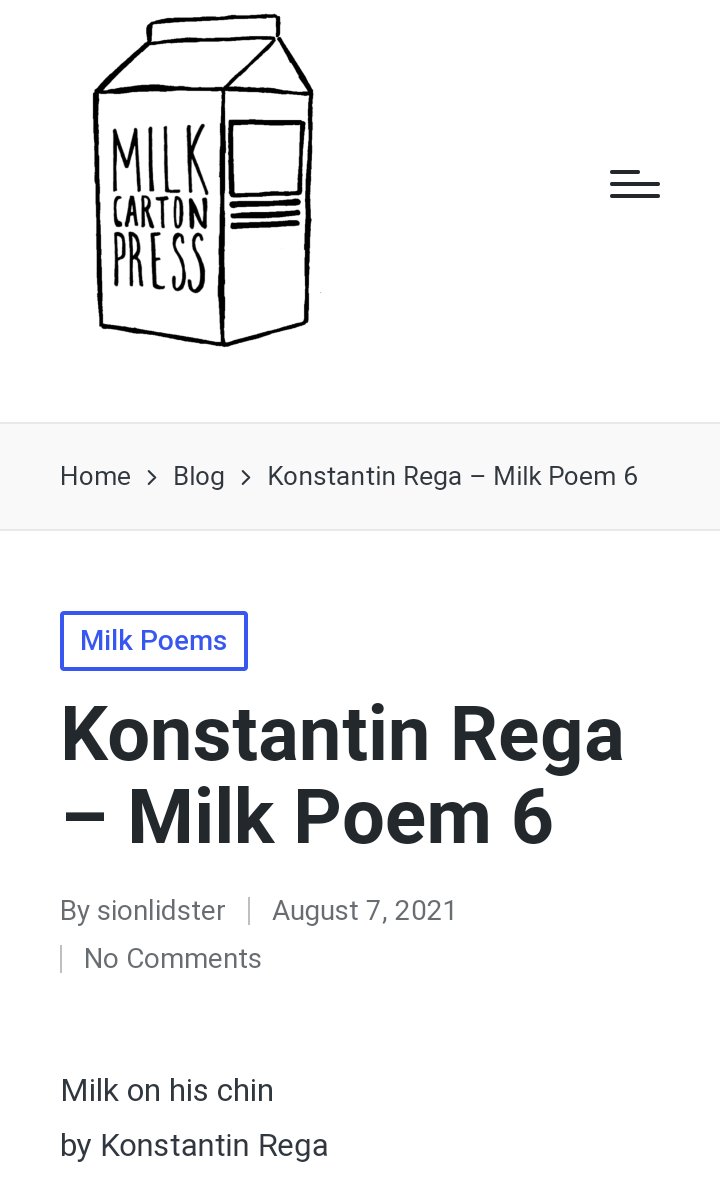 Thank you Milk Carton Press for publishing this #newpoem of mine. Great #magazine for #poetry #milk #poetrylovers #WritingCommunity
#writerslife #writing #submissions #LiteraturePosts #litmag #poets
~
milkcartonpress.com/?p=234