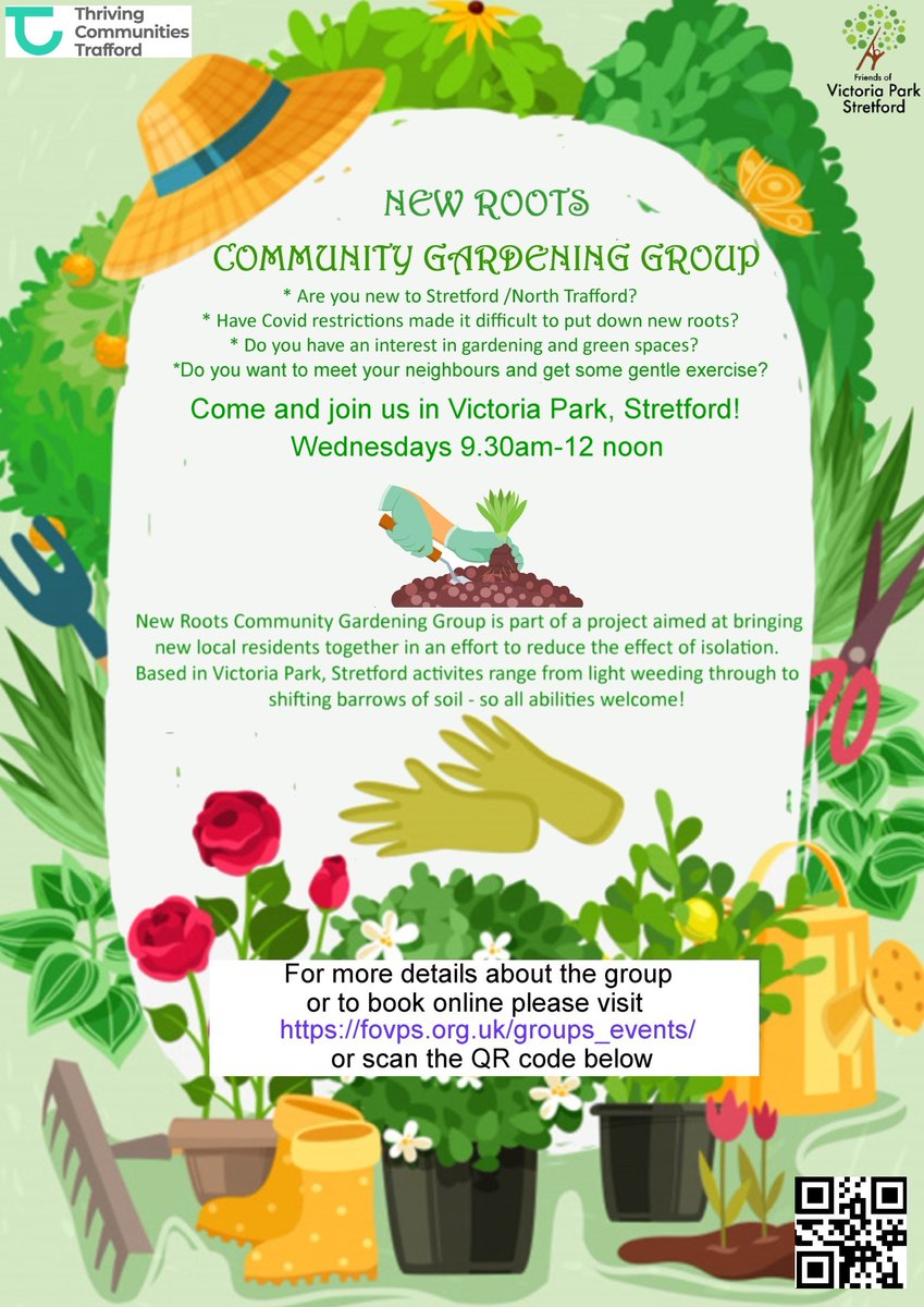 New to #Stretford/#NorthTrafford? Fancy a spot of #gardening while getting to know your #neighbours? Come down to Victoria Park and join New Roots Community Gardening group part of the #ThrivingCommunities project. 
For more details click on the link below
fovps.org.uk/groups_events/