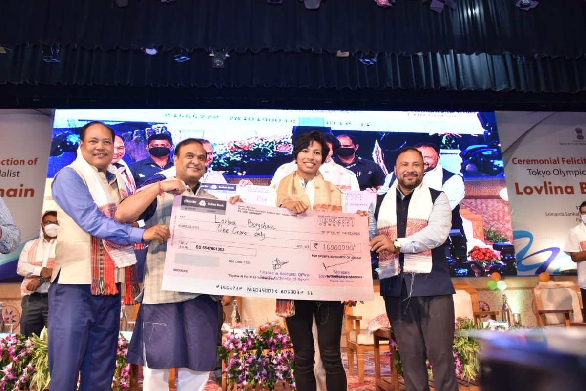 "Lovlina is being appointed as DSP in <a href="/assampolice/">Assam Police</a> as a small token of gratitude for all the glory she has brought to #Assam. She has also been awarded an amount of Rs 1 crore and a monthly scholarship of Rs 1 lakh till next #Olympics," tweets Assam CM Himanta Biswa Sarma