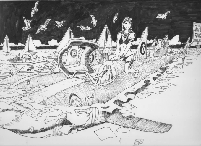 オケマルテツヤのイラスト 「シャークレース」 一人乗り潜水艦レース #イラスト #漫画 #一次創作