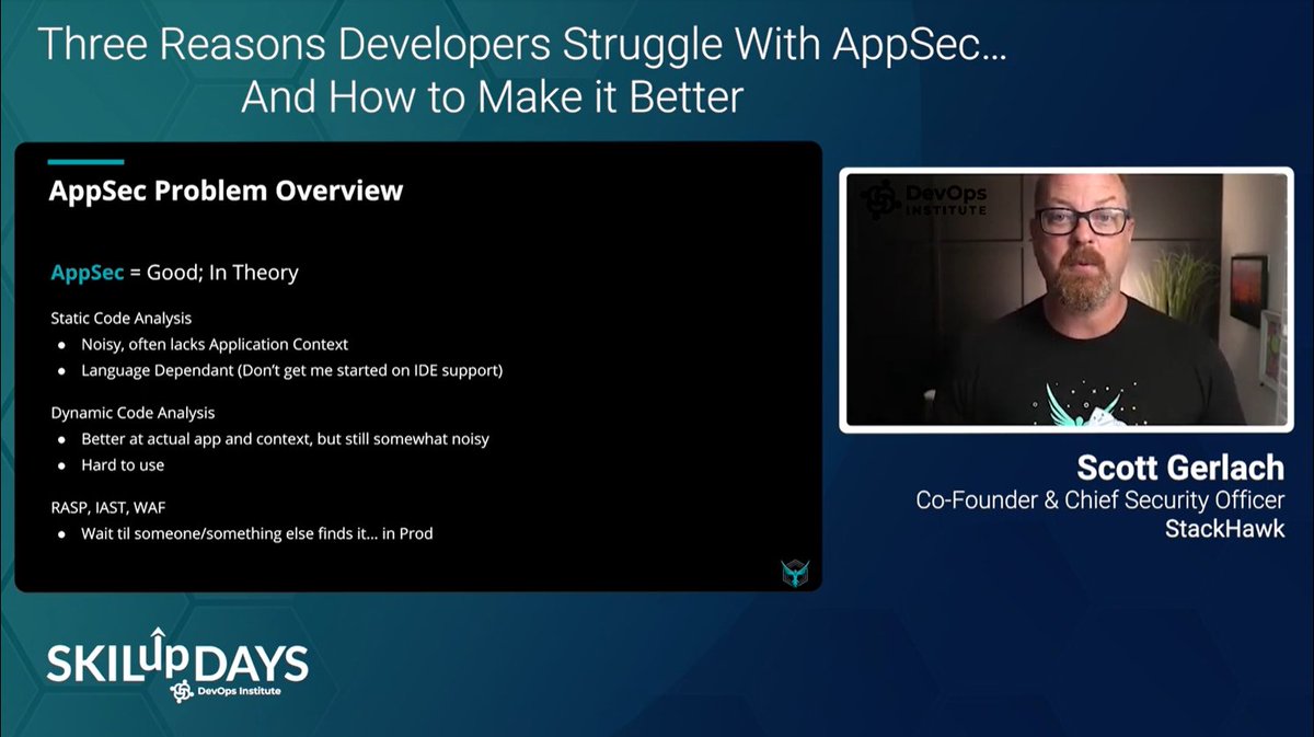 🔴 LIVE from #SKILupDay: @sgerlach of @StackHawk says, 'allow technology to spark collaboration between Development and Security but enable Devs to do their work.' Join: hubs.la/H0V7Ly40 #DevSecOps