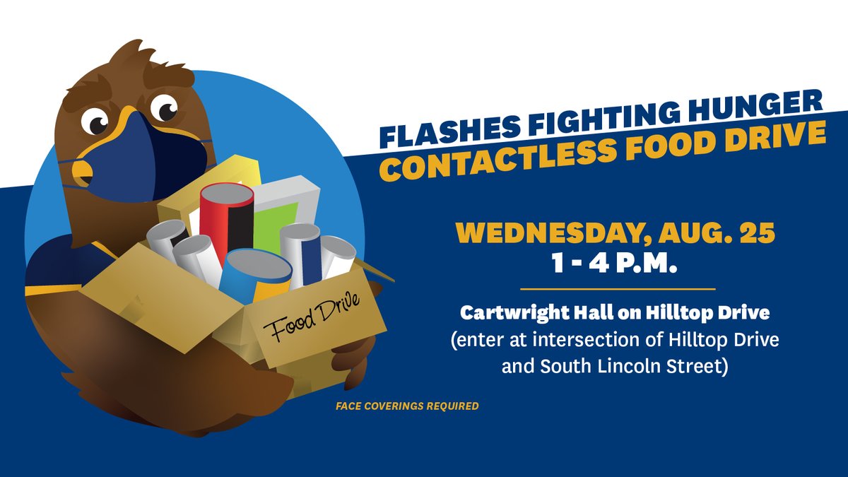 Community Engaged Learning &amp; @CKPKentState will host the “Flashes Fighting Hunger” Contactless Food Drive on Wed. Aug. 25 from 1-4 p.m.! Collected items will go to <a href="/FCSserves/">Family & Community</a> agencies and Campus Kitchen. 

Learn more and register to volunteer: kent.edu/community/flas…

<a href="/KentState/">Kent State</a>