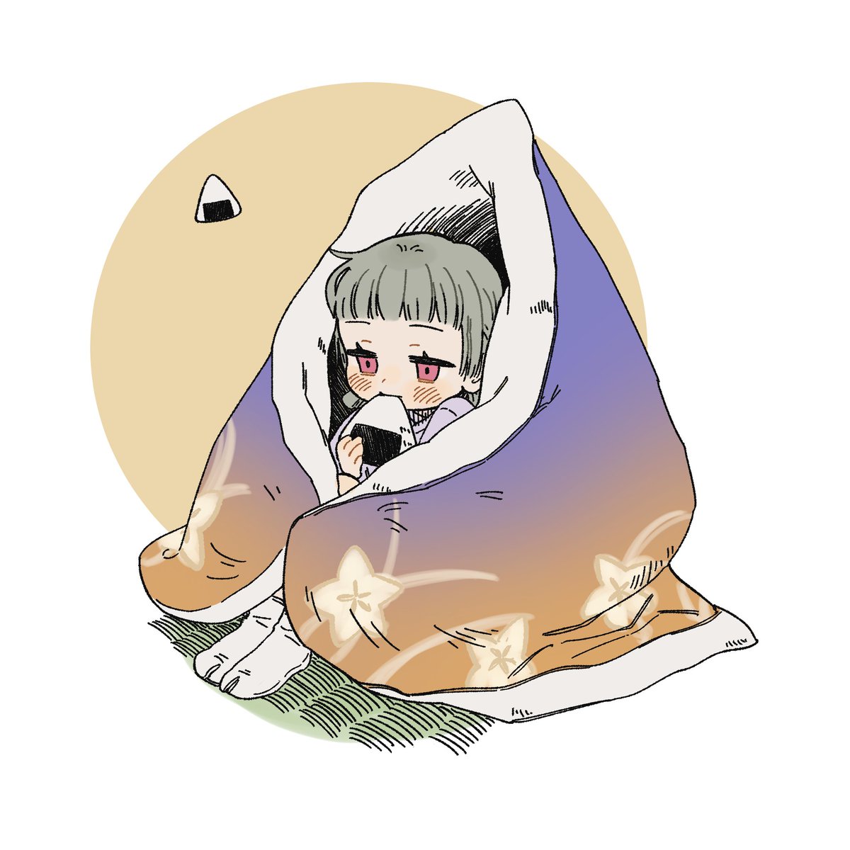 1girl food solo blanket bangs onigiri futon  illustration images