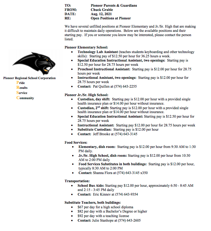 JeffBrooke2's tweet photo. Come be a part of our Pioneer team.  Here are the positions we have available.  Contact Jeff Brooke at the Jr. Sr. High School if you are interested.  Email: brookej@pioneer.k12.in.us or 574-643-3145  #PantherPride https://t.co/P3dmK4OwzW