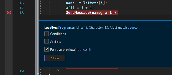 VS_Debugger's tweet photo. If you need a breakpoint to evaluate just the first iteration of your loop then the new Temporary Breakpoint is for you. Debugger will pause the application once &amp; will remove the breakpoint automatically after it's been hit.
#vstip #vsdebuggertip
Available from VS2022 Preview 3 https://t.co/ylCwTbKuRq