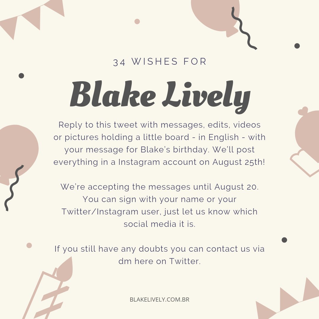 BlakeLivelyBR's tweet photo. 🤎 34 wishes for Blake Lively: Projeto 1! 🤎

Vamos deixar o dia da Blake mais especial? Estamos lançando nosso primeiro projeto pro aniversário da loirinha. Não deixem de participar! Todas as informações estão no banner. https://t.co/wisWfsQOt3