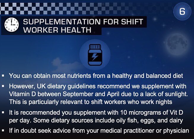 Shift workers are impacted by environmental, physiological and psychological factors, which can make eating a healthful diet a challenge. While each shift worker may have their own preferences, these simple strategies may help 💙

#PoliceHealth #ShiftworkNutrition