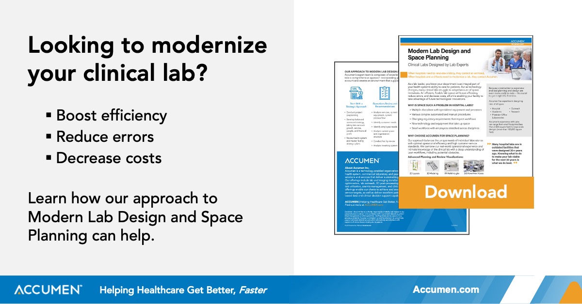 AccumenInc's tweet image. Does your clinical lab struggle with 1) space limitations and/or 2) the frequency of technological changes? These challenges can be mitigated using a flexible lab layout. Ready to take the next step? hubs.ly/H0Vbcbm0 #labdesign #labplanning