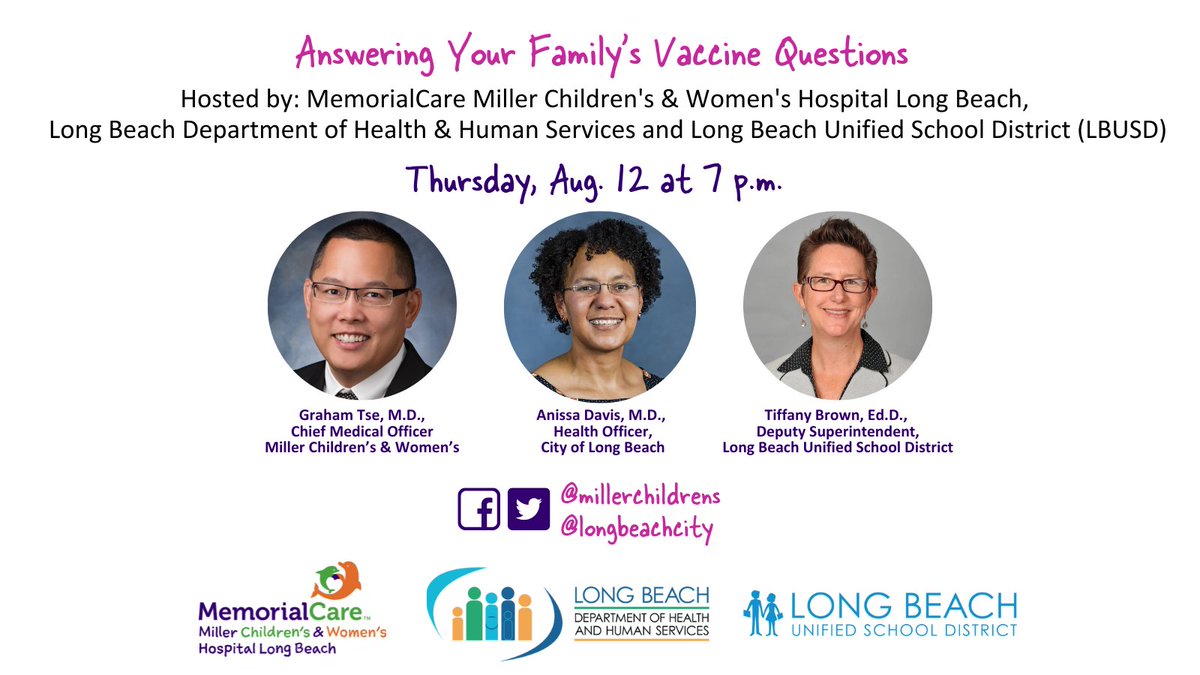 Long Beach Health Department (@lbhealthdept) on Twitter photo 🗣REMINDER❕ Join us TODAY (8/12) at 7 p.m. to get the facts about the #COVIDVaccine before returning to school from our Health Officer, Dr. Anissa Davis, <a href="/MillerChildrens/">MemorialCare Miller Children’s & Women’s Hospital</a> Dr. Graham Tse & @LBSchools Deputy Superintendent Tiffany Brown. ➡️ fb.me/e/1BNCis3Sk 🗣REMINDER❕ Join us TODAY (8/12) at 7 p.m. to get the facts about the #COVIDVaccine before returning to school from our Health Officer, Dr. Anissa Davis, <a href="/MillerChildrens/">MemorialCare Miller Children’s & Women’s Hospital</a> Dr. Graham Tse & @LBSchools Deputy Superintendent Tiffany Brown. ➡️ fb.me/e/1BNCis3Sk