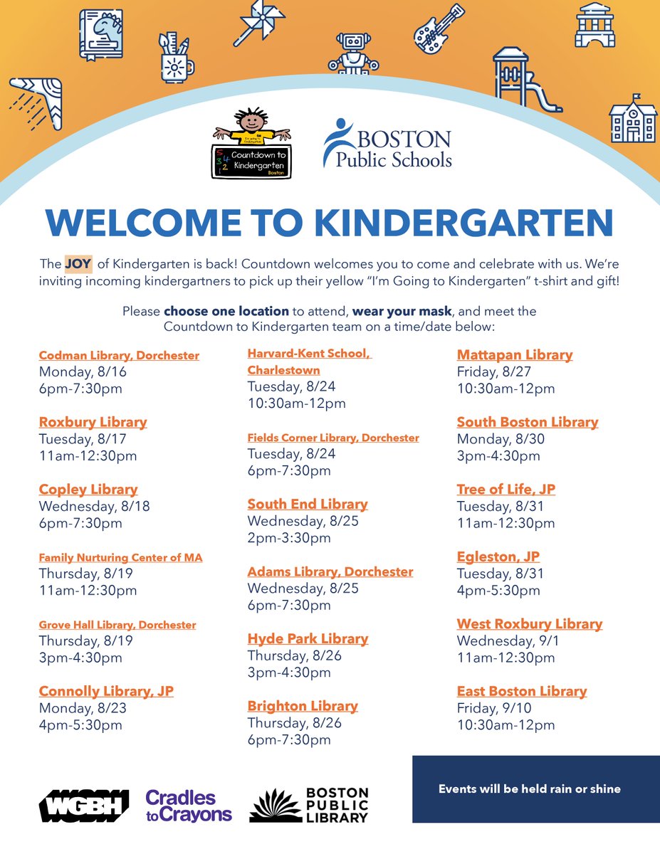 BostonPublicSchools (@bostonschools) on Twitter photo Are you gearing up to send your child to kindergarten? Get a t-shirt, backpack, mask, photo, and meet the best welcoming team in <a href="/BostonSchools/">BostonPublicSchools</a> during one of <a href="/Countdown2K/">Countdown2Kinder</a>’s K-Day events. Choose your site & get excited! More: countdowntokindergarten.org #Countdown2K Are you gearing up to send your child to kindergarten? Get a t-shirt, backpack, mask, photo, and meet the best welcoming team in <a href="/BostonSchools/">BostonPublicSchools</a> during one of <a href="/Countdown2K/">Countdown2Kinder</a>’s K-Day events. Choose your site & get excited! More: countdowntokindergarten.org #Countdown2K