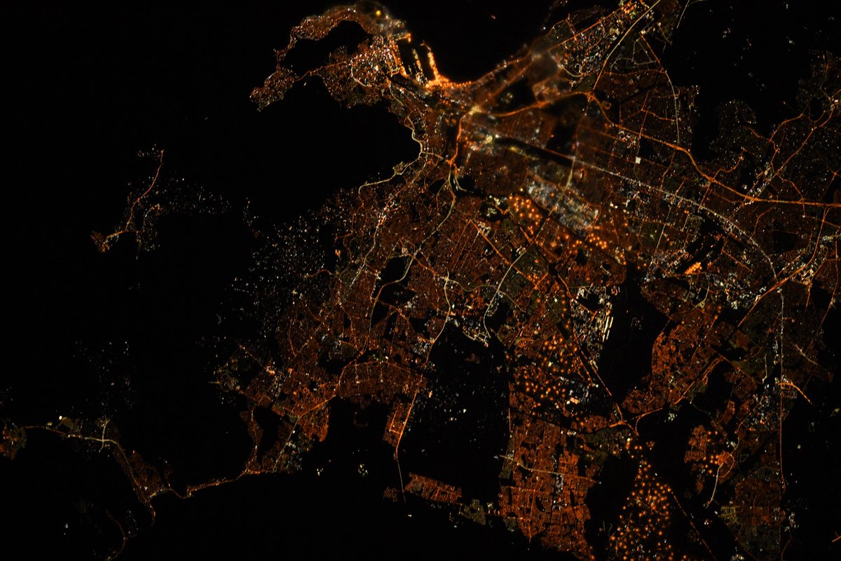 This is Cape Town at night from space! This breezy bay city is at the very southwestern tip of South Africa and is known for its stunning rugged coastline studded with great beaches that are perfect for surfing. Goodnight Cape Town!