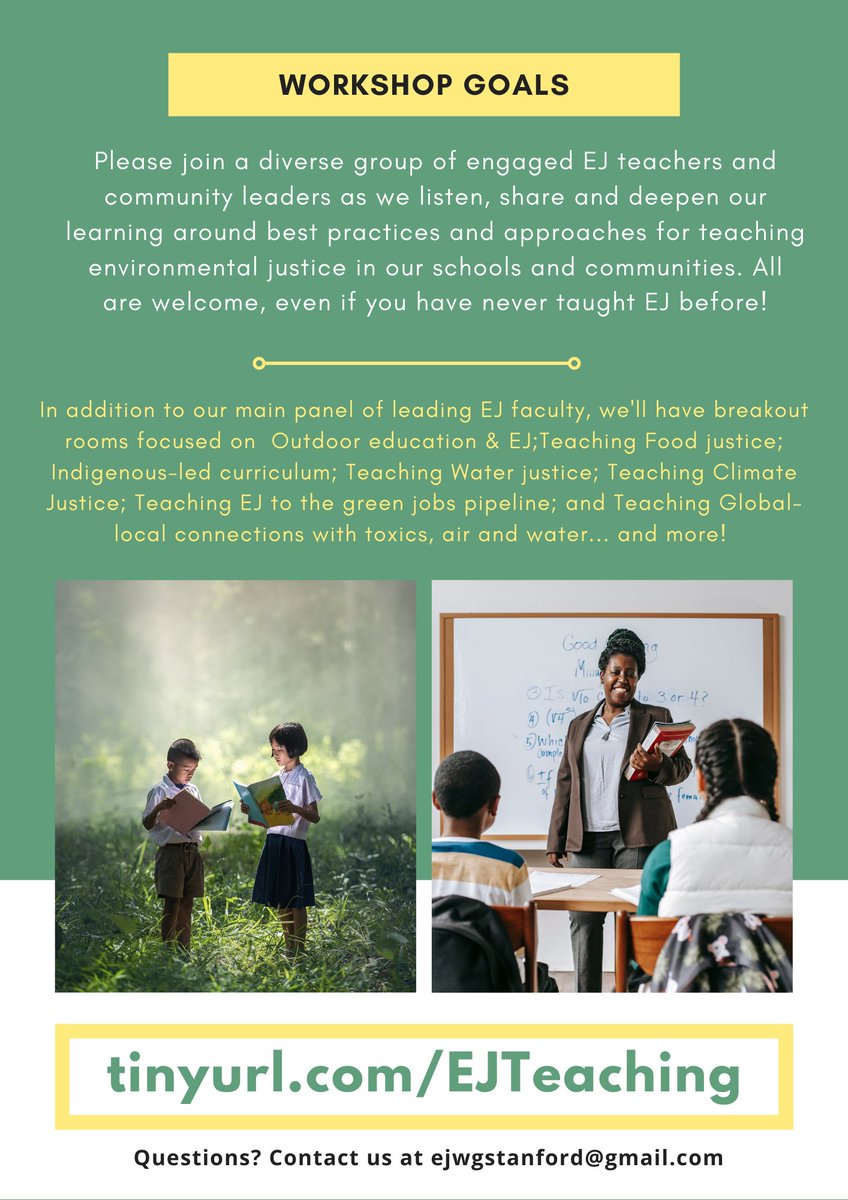 Environmental Justice Working Group at Stanford (@ejwgstanford) on Twitter photo You're Invited: National EJ Education and Teaching Workshop on 9/15! Join a diverse group of engaged EJ educators & community leaders as we listen, share, & deepen our learning around best practices. All welcome, even if you have never taught EJ! ejstanford.com/national-ej-ed… You're Invited: National EJ Education and Teaching Workshop on 9/15! Join a diverse group of engaged EJ educators & community leaders as we listen, share, & deepen our learning around best practices. All welcome, even if you have never taught EJ! ejstanford.com/national-ej-ed…
