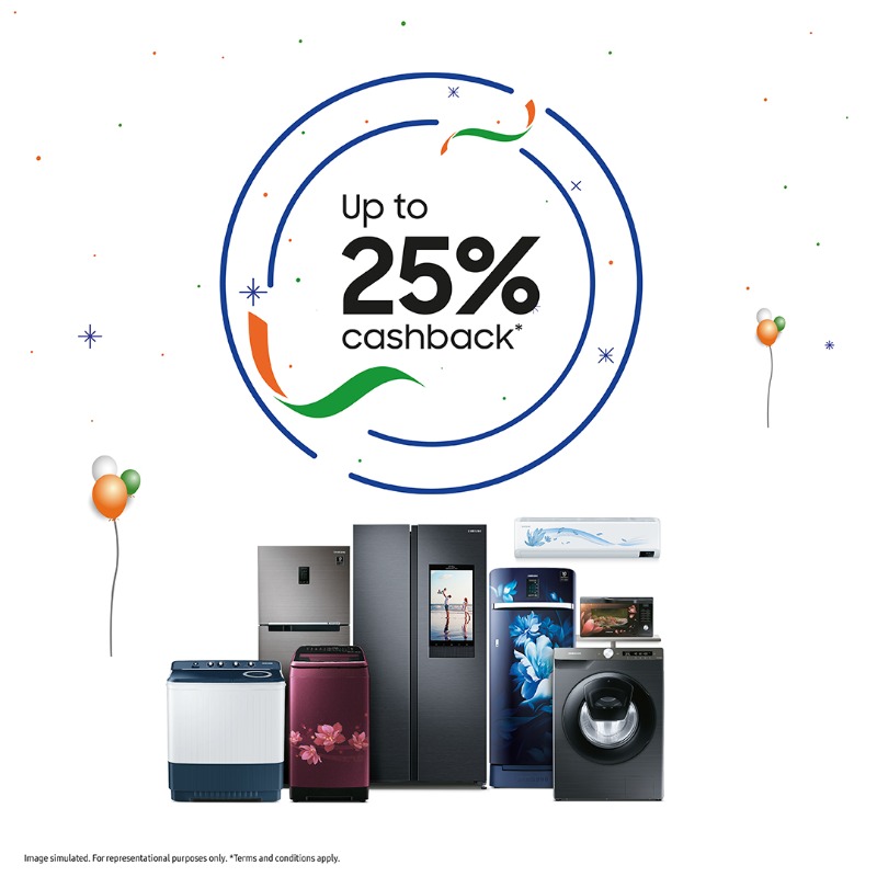 SamsungIndia's tweet photo. The time to own your favourite Samsung home appliances is now! This Independence Day, shop and get incredible offers like up to 25% cashback, zero down payment and amazing freebies! Go ahead, make your celebrations even bigger! T&C apply. https://t.co/rTtPzNJhiS #OwnNow #Samsung