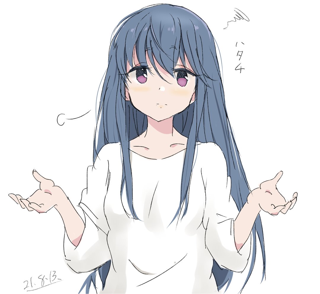 shima rin 1girl solo white background blue hair long hair simple background hair down  illustration images