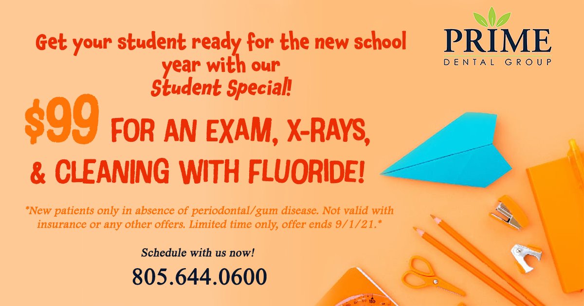 The new school year is almost here! 🎒📚📝🎉

To celebrate, we're having a $99 special for our 2021 Students which includes an Exam, X-Rays, &amp; Cleaning with Fluoride.

Help your student show up on their first day with a healthy and happy smile! 😁🦷🪥

#School2021 #Ventura