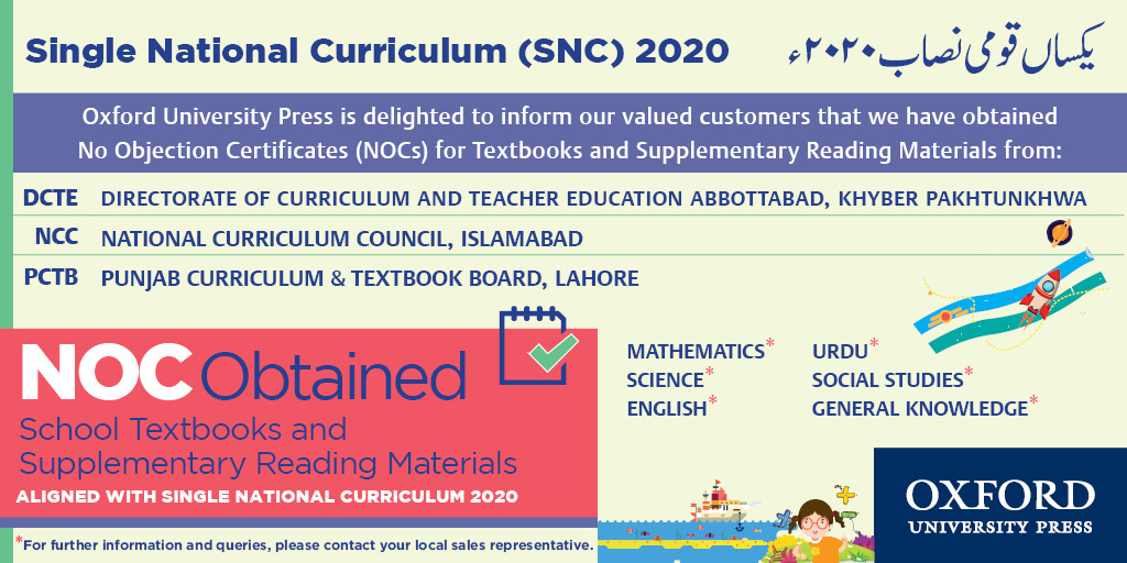 📣Great News! We have obtained No Objection Certificates (NOCs) for #Textbooks and Supplementary Reading Materials from DCTE, NCC & PCTB.

For further information and queries, please contact your Local Sales Representative.

#SingleNationalCurriculum #Pakistan #PakistaniSchools