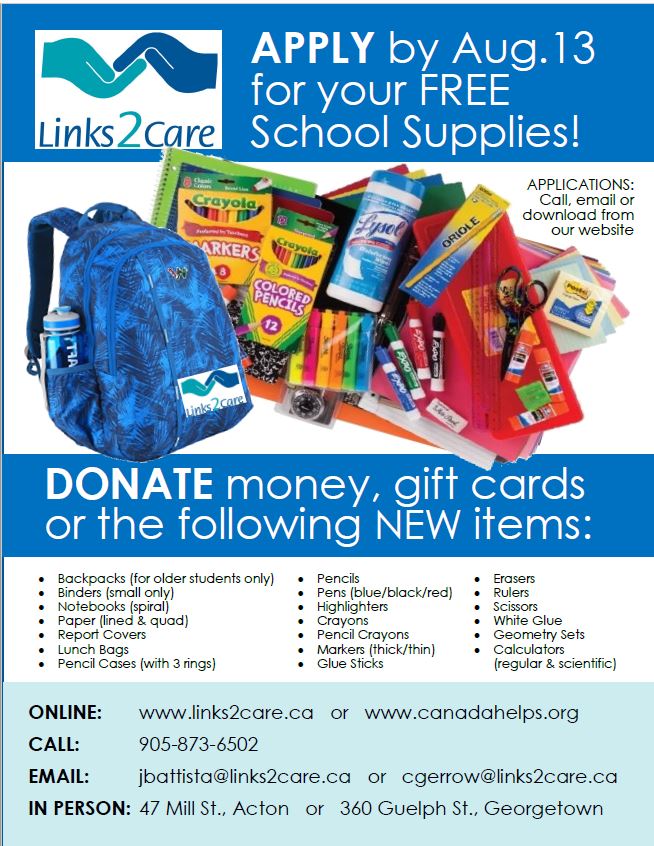 haltonparents's tweet photo. LAST CHANCE!  Links2Care is providing a FREE backpack &amp; SCHOOL SUPPLIES to kids who are eligible and live in Halton Hills! Details and registration here: https://t.co/IdMKEGJ7w4 @HaltonDSB @HCDSB @HaltonCas @HaltonHillsPL @_HaltonHills @cmhahalton ^tk https://t.co/QKQJhHNT1O
