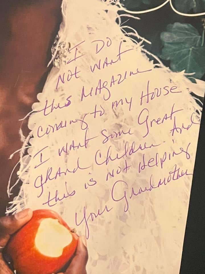 Miss_Mojo's tweet photo. My friend gets his mail delivered to his grandmothers house. He didn’t know out magazine came with one of his purchases and this is what she wrote on his mag https://t.co/r4ZfO785NG