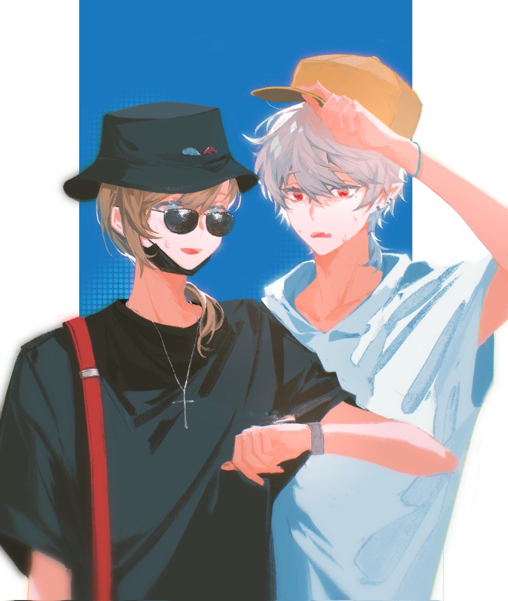 kuzuha (nijisanji) multiple boys male focus 2boys red eyes hat sunglasses brown hair  illustration images