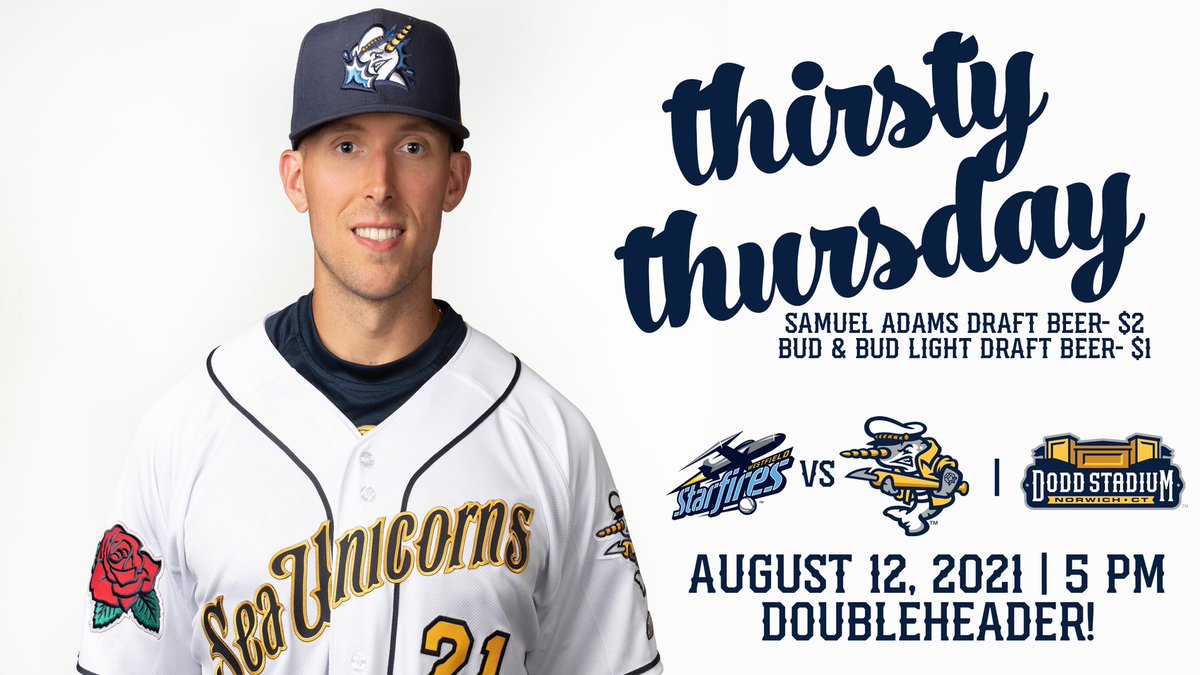 goseaunicorns's tweet photo. Our final home date of the year is a doubleheader on a Thirsty Thursday!! Join us for the last of the #DoddDaysOfSummer for the 2021 season as the Norwich Sea Unicorns host @StarfiresBB at 5 pm. $2 Sam Adams drafts and $1 Bud and Bud Light drafts. #GoSeaUnicorns https://t.co/xy9bL2J5yv