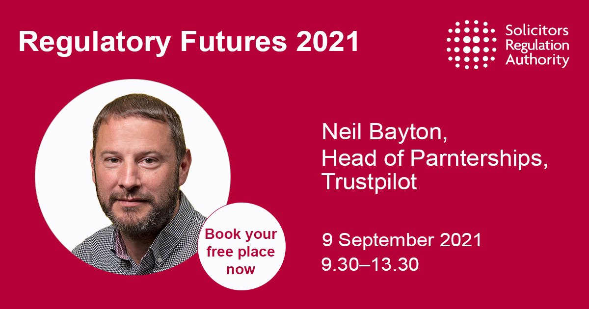 SRA (@sra_solicitors) on Twitter photo Hear from Neil Bayton (<a href="/Trustpilot/">Trustpilot</a>Neil), @Trustpilot Head of Partnerships at our free #RegFuture event. Get insights on market and consumer trends, use of #legaltech and how regulation needs to adapt in uncertain times events.sra.org.uk/sra/547/home Hear from Neil Bayton (<a href="/Trustpilot/">Trustpilot</a>Neil), @Trustpilot Head of Partnerships at our free #RegFuture event. Get insights on market and consumer trends, use of #legaltech and how regulation needs to adapt in uncertain times events.sra.org.uk/sra/547/home