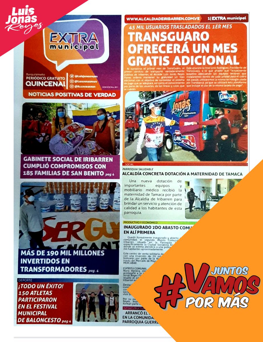 #JuntosVamosPorMás INFORMACIÓN 📰

Ya en circulación, el periódico informativo EXTRA municipal de la Alcaldía de Iribarren, instrumento informativo de la gestión municipal de Nuestro Alcalde <a href="/LuisJonasReyes/">Luis Jonás Reyes</a>

Pendientes 👍 es gratuito y de publicación Quincenal.  

#11Ago
